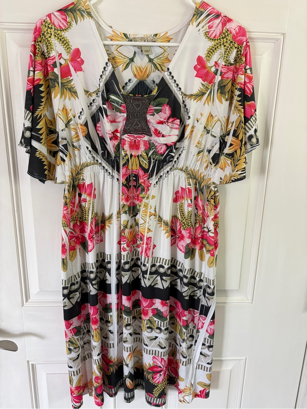 live and let live White Midi Dress with Pink Floral and Black Accents